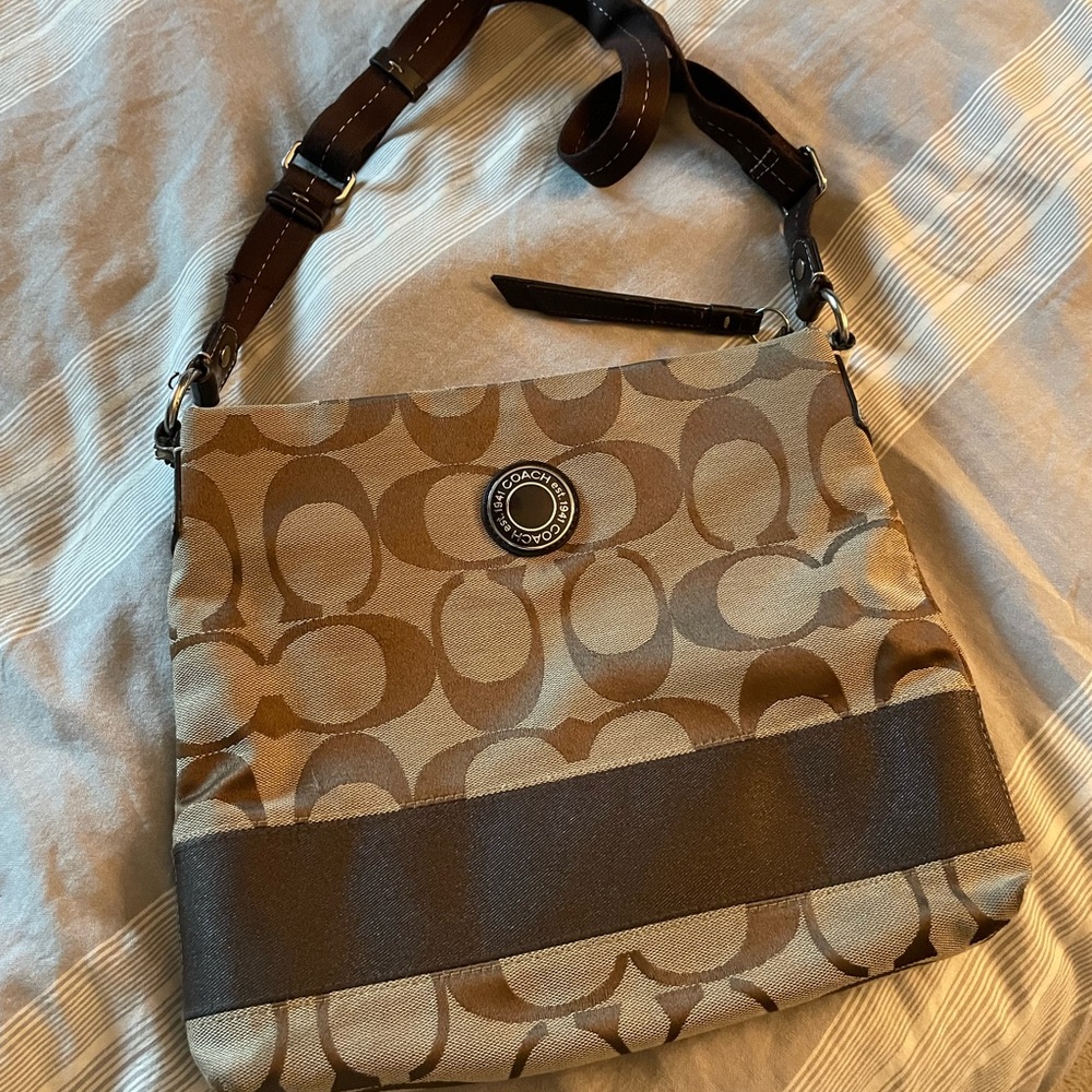 Coach Tan and Brown Signature Shoulder Bag
